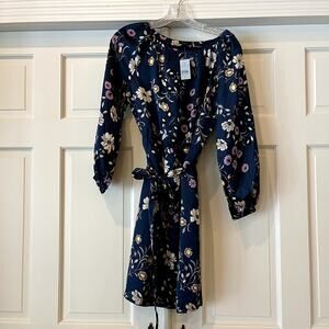 Ann Taylor Navy Floral Tie Waist Dress XSP NWT